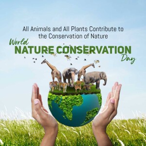 Image depicting a globe held in hands with various animals, promoting nature conservation.