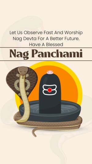 Image depicting a cobra coiled around a Shiva Lingam with a sun background, wishing a blessed Nag Panchami.