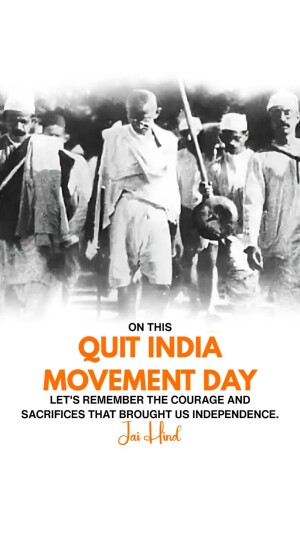 Black and white image of Mahatma Gandhi leading the Quit India Movement with text overlay.