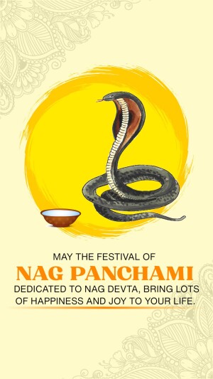 Illustration of a cobra in front of a yellow sun with a bowl of milk, celebrating Nag Panchami