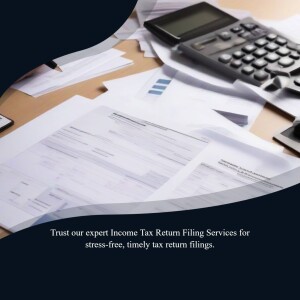 Tax documents, calculator, and pen on a wooden desk with text overlay promoting tax filing services.