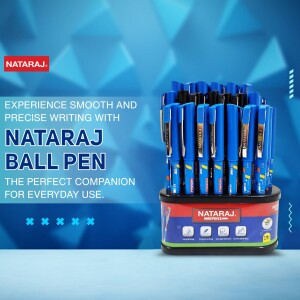 A promotional image featuring a display of Nataraj ball pens with the tagline 'Experience smooth and precise writing'.