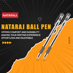 Two Nataraj ball pens against a black and orange background with text highlighting comfort and durability.