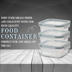 Stack of clear plastic food containers with airtight lids on a wooden surface