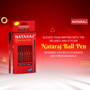 Close-up of a Nataraj ball pen box and pen, showcasing its red packaging and blue ink.