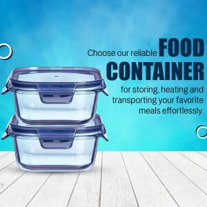 Stack of glass food containers with blue lids on a wooden surface