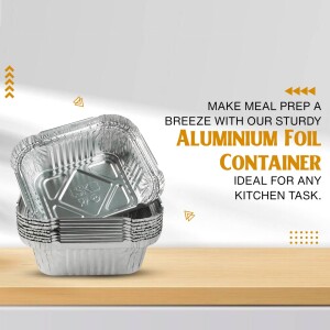 Stack of aluminum foil containers on a wooden surface with text overlay.