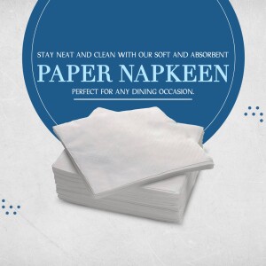 Stack of white paper napkins with a blue background and text promoting cleanliness.