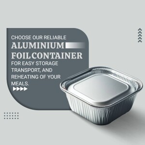 Close-up of an aluminium foil container with text promoting easy storage and reheating.