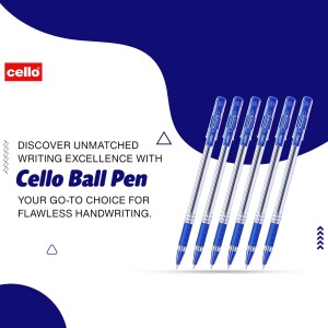 A promotional image featuring Cello ballpoint pens against a blue and white background.