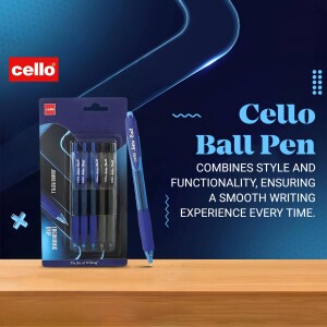 Close-up of Cello ballpoint pens in packaging with a blue and white background.