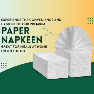 Stack of white paper napkins with promotional text.