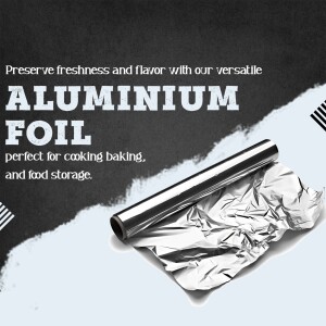 Roll of shiny aluminum foil on a textured black and white background with text promoting freshness and versatility.