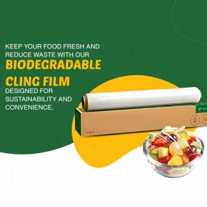 Biodegradable cling film roll with fresh fruit salad