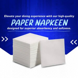 Stack of white paper napkins on a blue background with text promoting their quality.