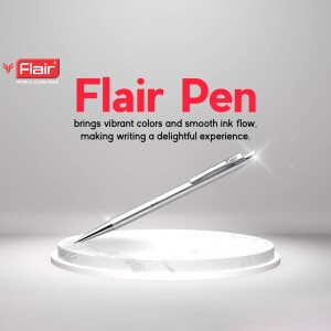 Flair Pen advertisement with a silver pen on a white pedestal