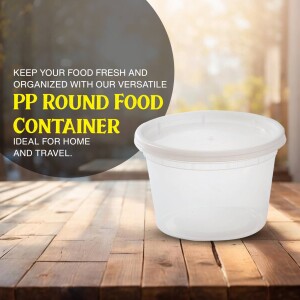 White round plastic food container with lid on a wooden surface