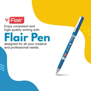 Close-up of a blue Flair pen with promotional text.