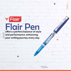 Close-up of a Flair pen against a white brick wall background with text promoting its balance of style and performance.