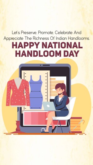 Illustration for National Handloom Day featuring a woman shopping for handloom clothes online.