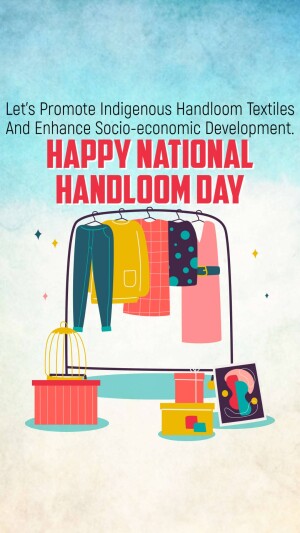 Illustration for National Handloom Day featuring clothes on a rack and a birdcage.