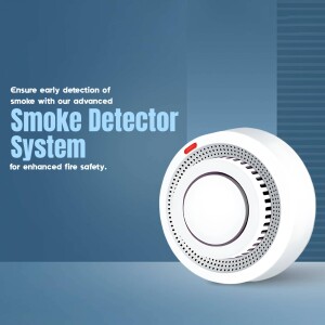 White smoke detector on a blue background with text promoting fire safety.