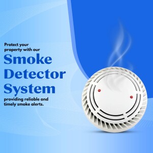White smoke detector on a blue background with text promoting smoke detection systems.