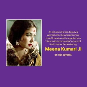 Black and white portrait of Meena Kumari with text overlay