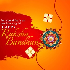Raksha Bandhan greeting with Rakhi, gifts, and festive text.