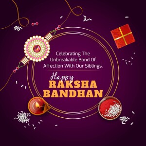 Raksha Bandhan greeting with Rakhi, sweets, and diya