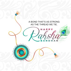 Raksha Bandhan greeting with Rakhi, peacock feather, and text