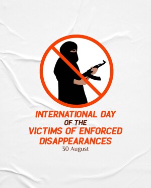 Protest poster against enforced disappearances featuring a silhouette of a person with a weapon crossed out.
