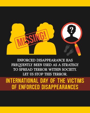 Missing person poster with silhouettes and a magnifying glass, raising awareness about enforced disappearances.