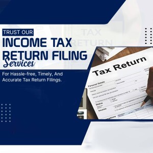 Image promoting income tax return filing services with a person filling out a tax form.