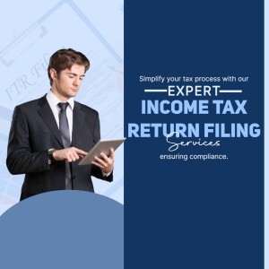 Man using a tablet with text promoting income tax return filing services.