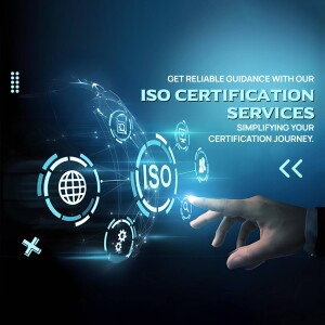 Image depicting ISO certification services with a hand interacting with a digital globe and ISO logo.