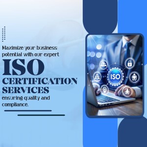 Image depicting ISO certification services with a professional using a laptop and ISO icons.