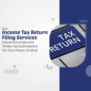 Image promoting income tax return filing services with a laptop displaying 'TAX RETURN'.