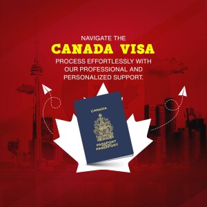 Image depicting a Canadian passport with the CN Tower and maple leaf, promoting visa assistance services.