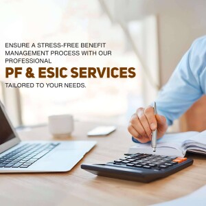 Image depicting a professional working with a calculator, laptop, and pen, promoting PF & ESIC services.