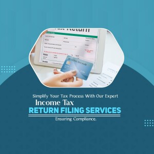Image depicting a hand holding a credit card and a tablet displaying tax information, promoting income tax return filing services.