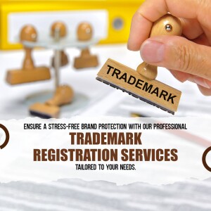Hand holding a trademark stamp over documents promoting trademark registration services.