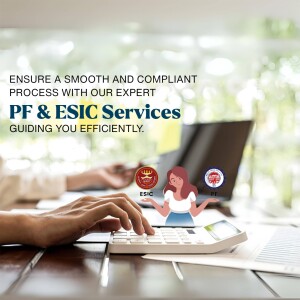 Image depicting people working on laptops with PF & ESIC service icons, representing professional assistance.