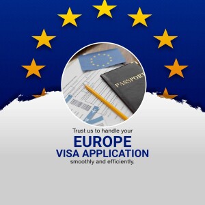 Image depicting a European Union flag with a passport and visa application form, promoting Europe visa application services.