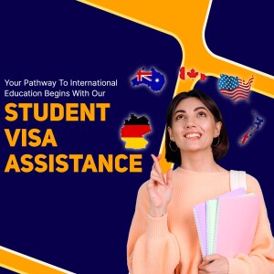 Image of a smiling student with flags representing countries for international education and text promoting student visa assistance.