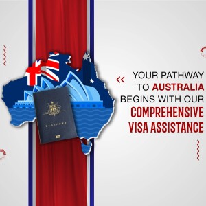 Image depicting an Australian passport and map with text promoting visa assistance.