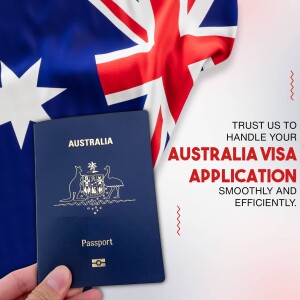 Australian passport with text promoting visa application services