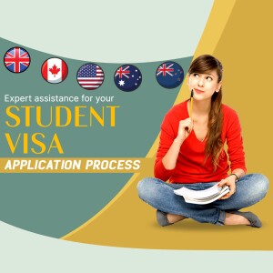 Woman thinking about student visa application with flags of study destinations