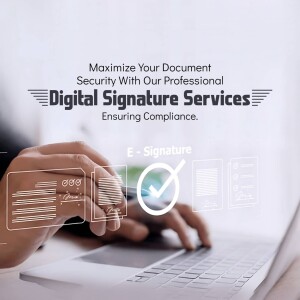 Person signing a document digitally with a laptop and security icons