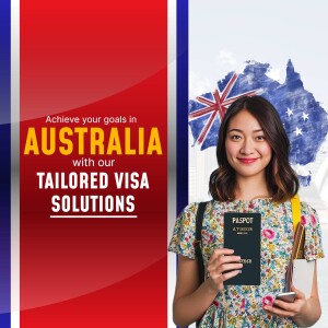 Woman holding a passport with the Australian flag in the background, advertising visa services.